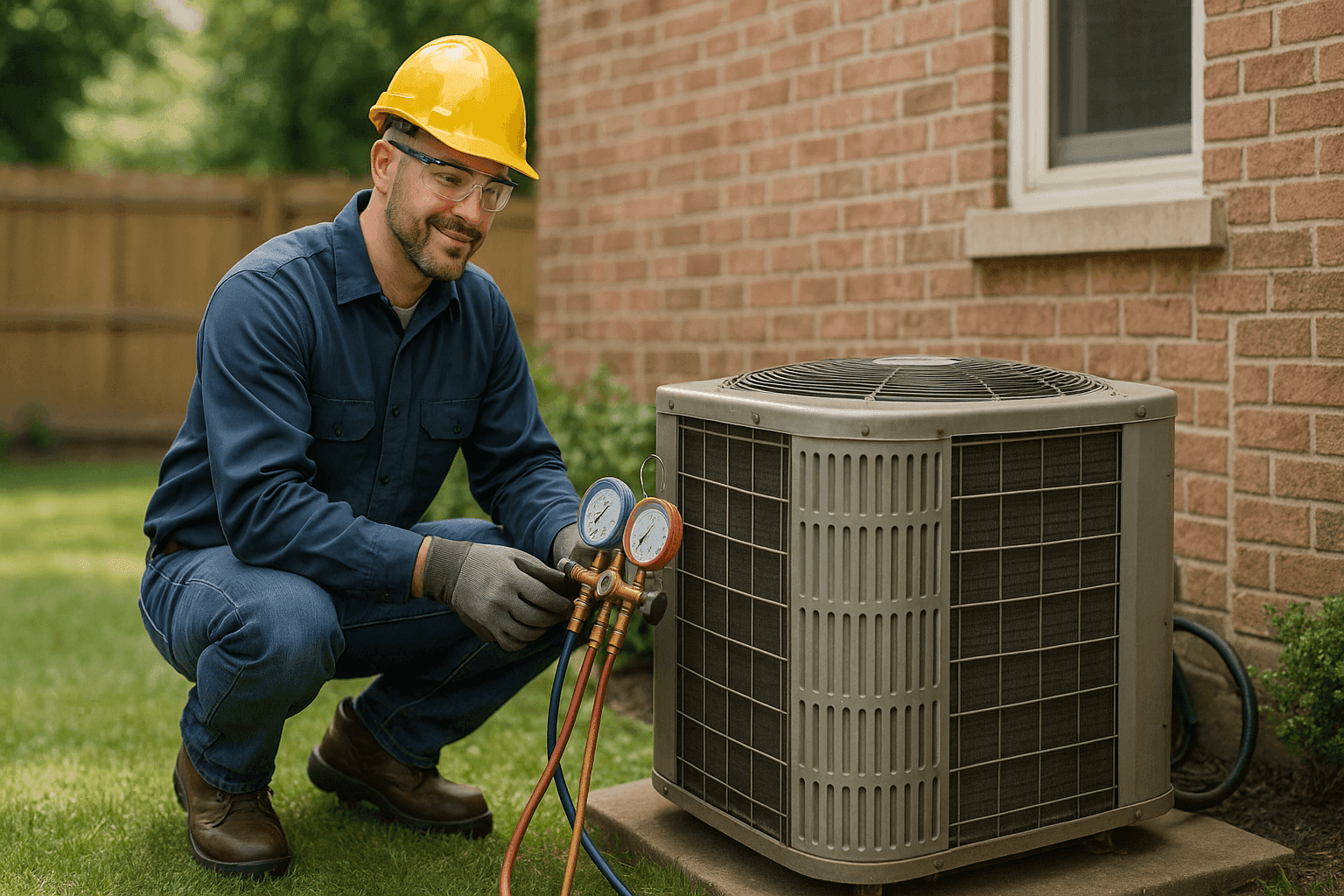 Technician inspecting old air conditioner outdoors
