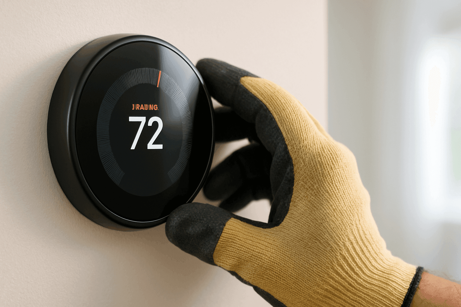 Person programming a smart thermostat on wall