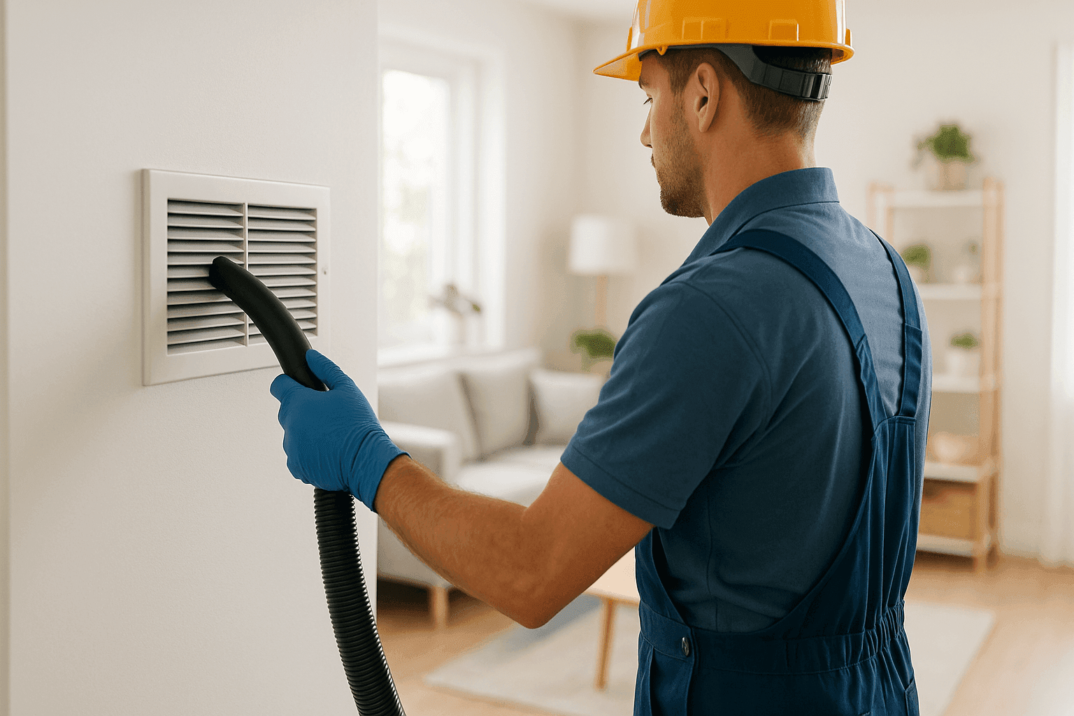 Technician cleaning residential air duct with vacuum