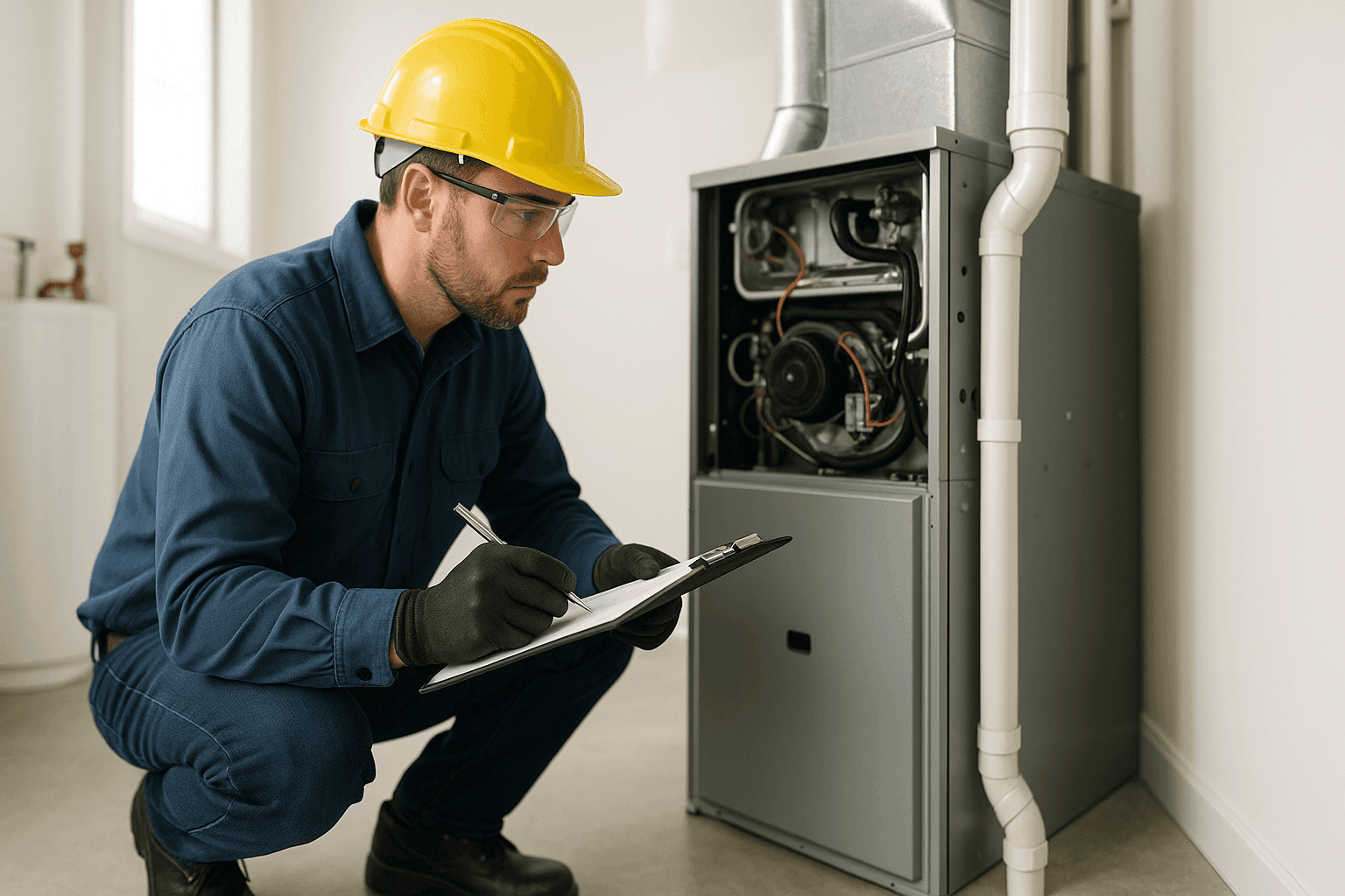 Technician checking furnace in home utility room