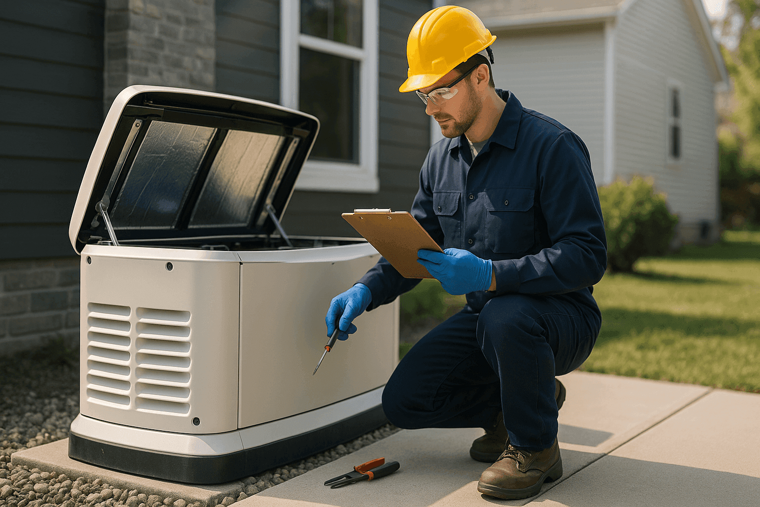 Technician inspecting backup home generator outdoors