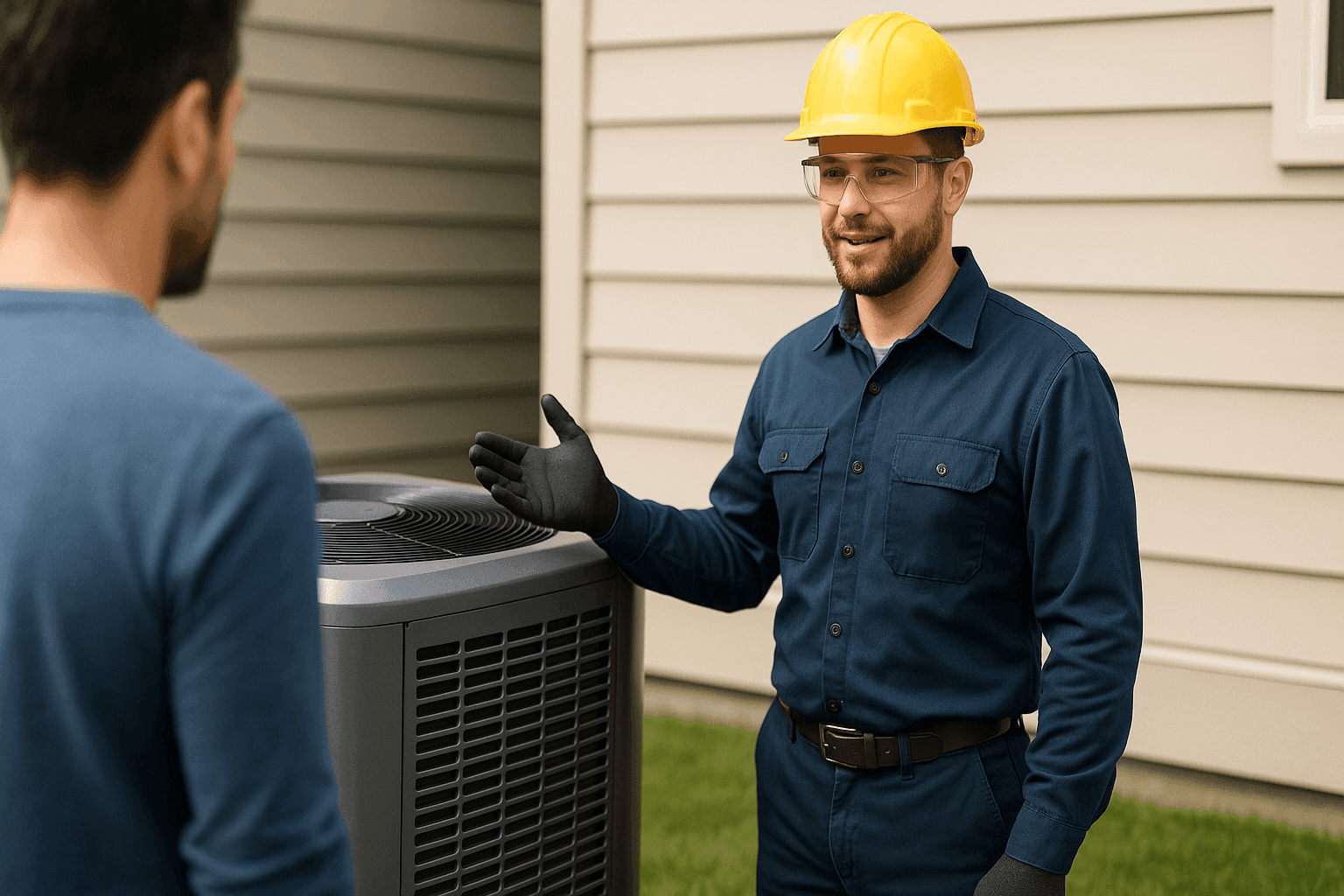 Technician explaining geothermal heat pump to homeowner outdoors
