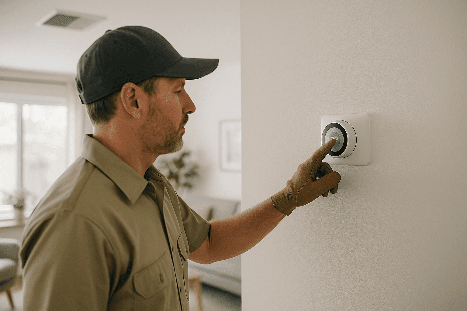 Homeowner adjusting energy-efficient thermostat in living room