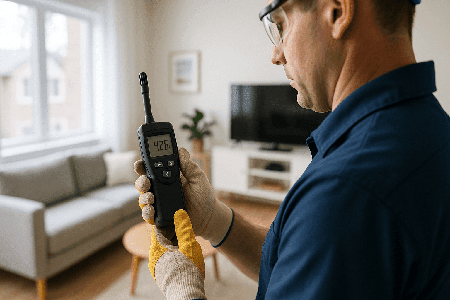 Technician testing humidity level with meter in home