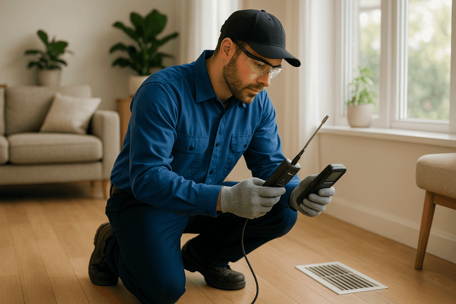 Technician testing indoor air quality in a modern living room