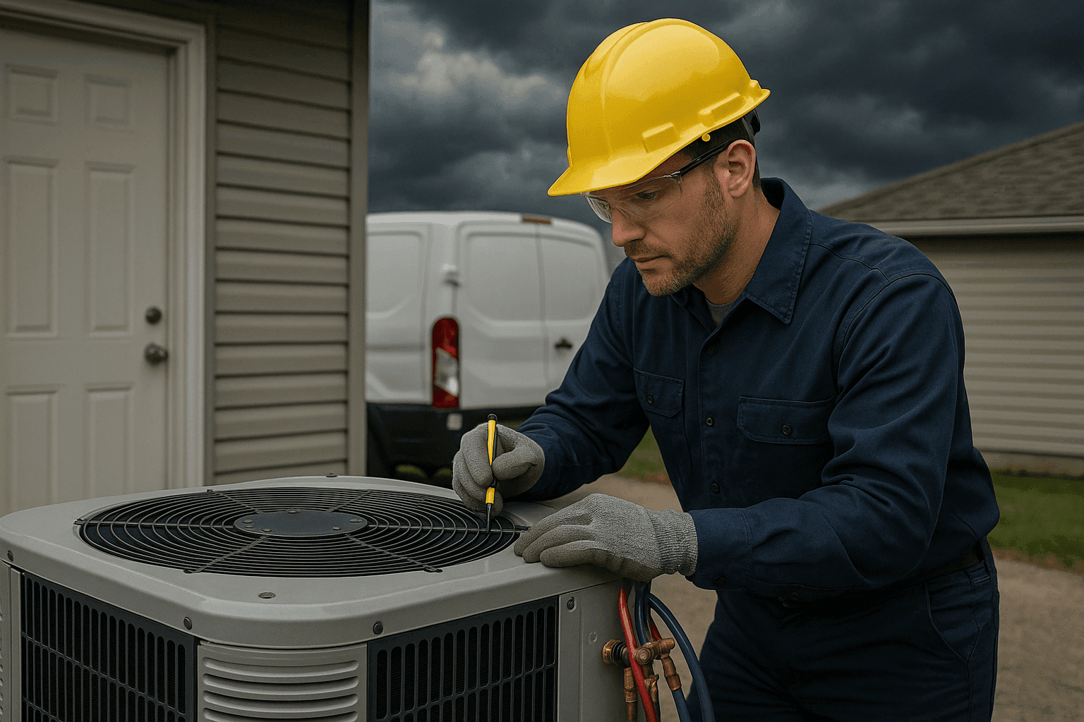 HVAC technician inspecting outdoor air conditioning unit before storm