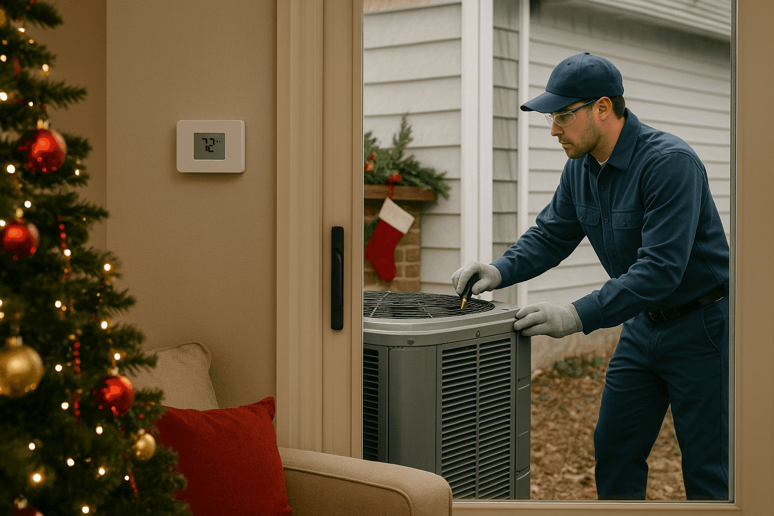 Technician inspecting HVAC system during holiday season in a decorated home