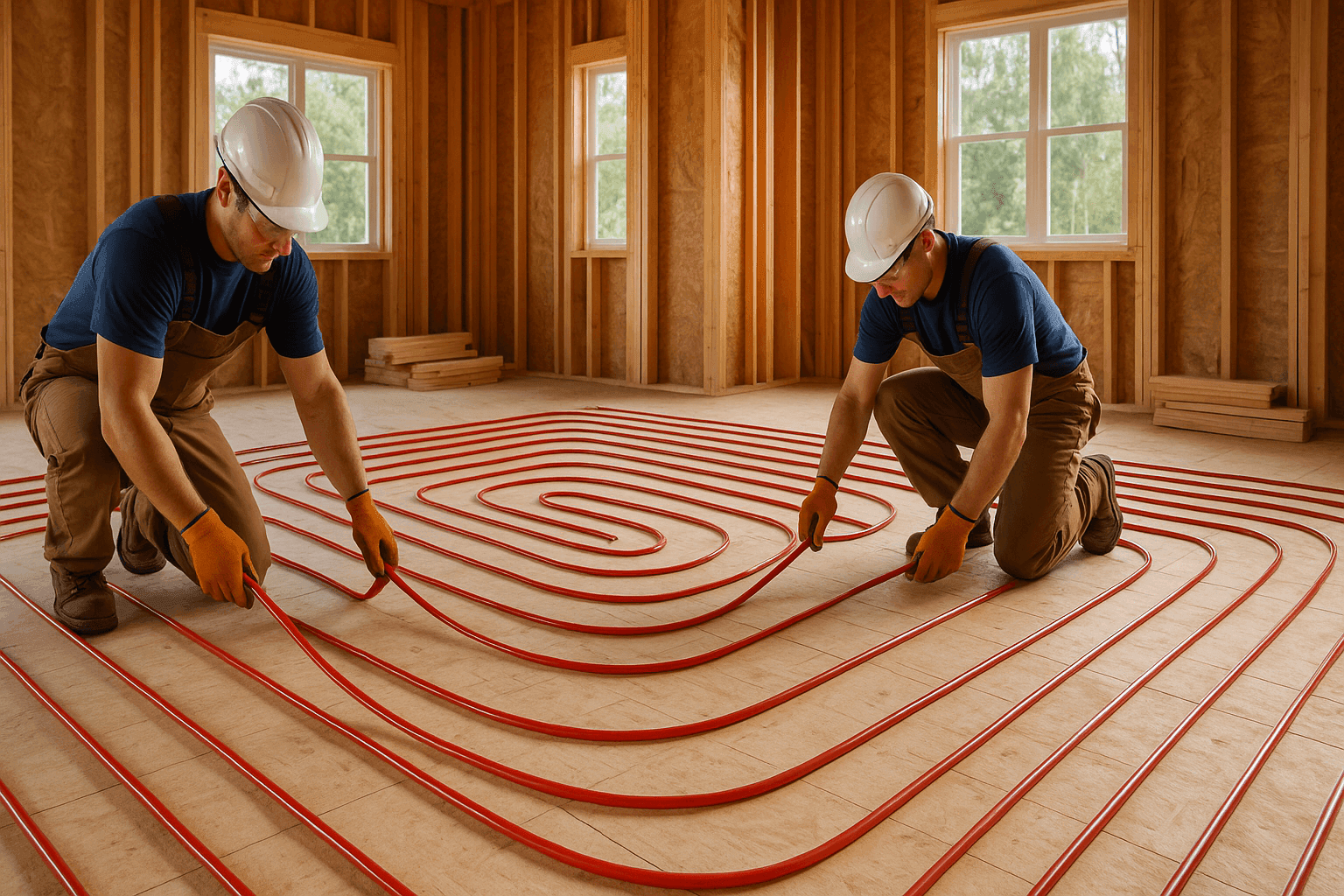 Radiant floor heating being installed in new home construction