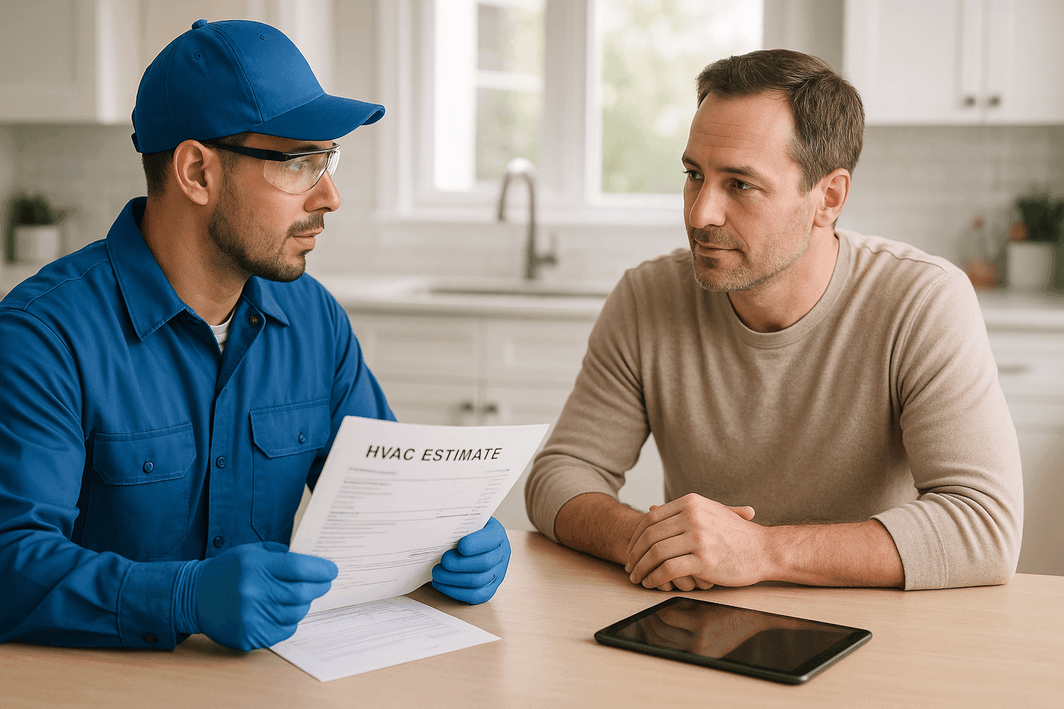 Technician consulting with homeowner about HVAC estimate