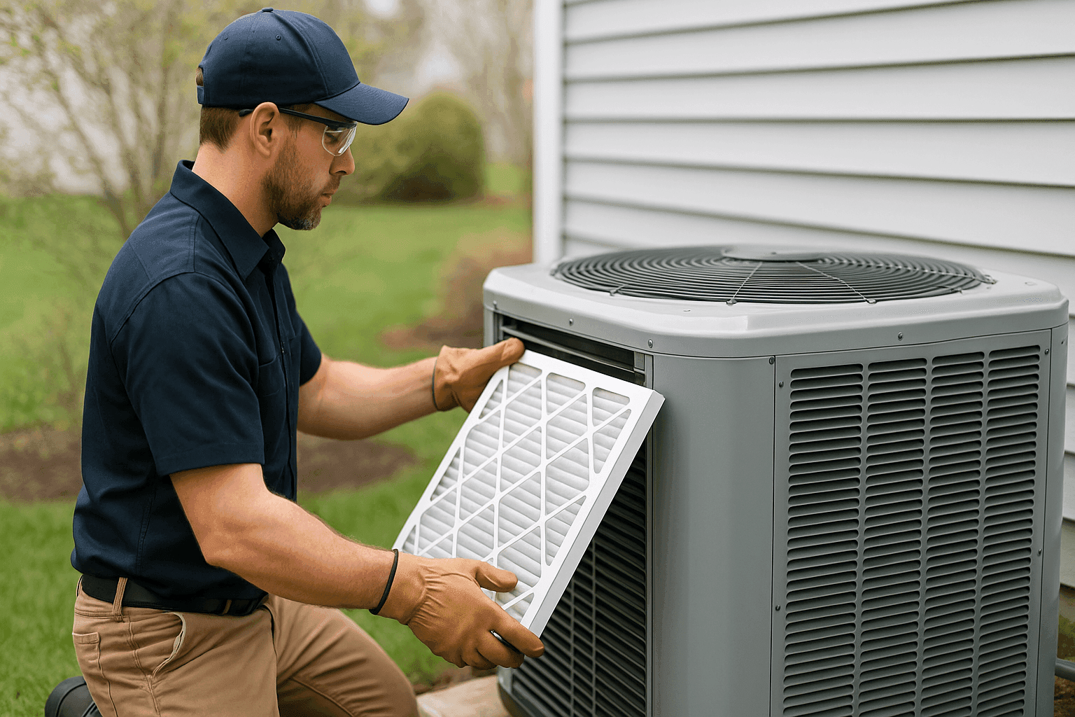 Technician replacing AC filter during seasonal HVAC tune-up