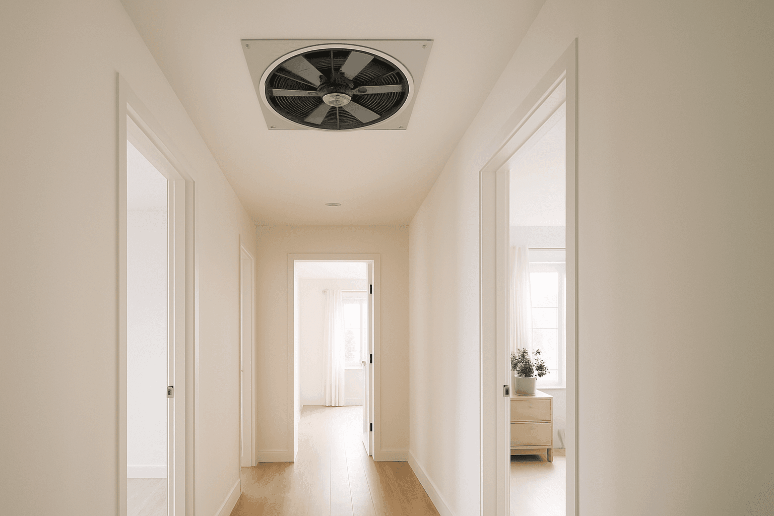 Ceiling-mounted whole-house fan in bright hallway