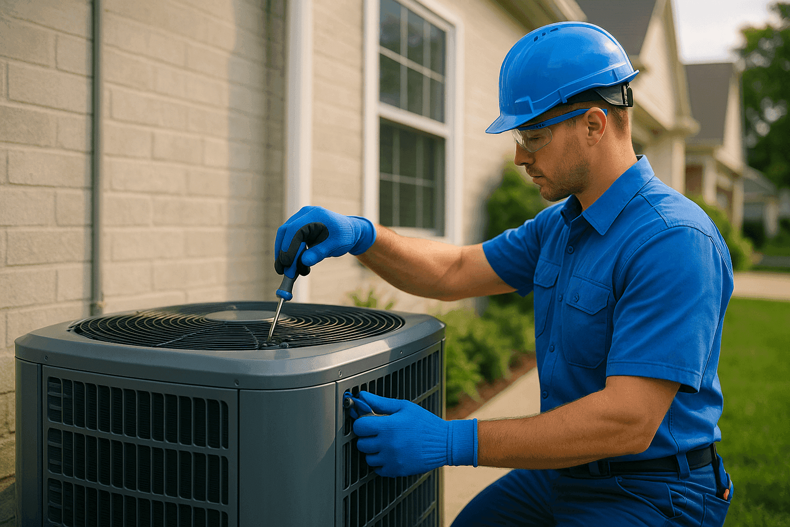 HVAC technician in protective gear servicing outdoor air conditioning unit at suburban home in Nelson Lagoon