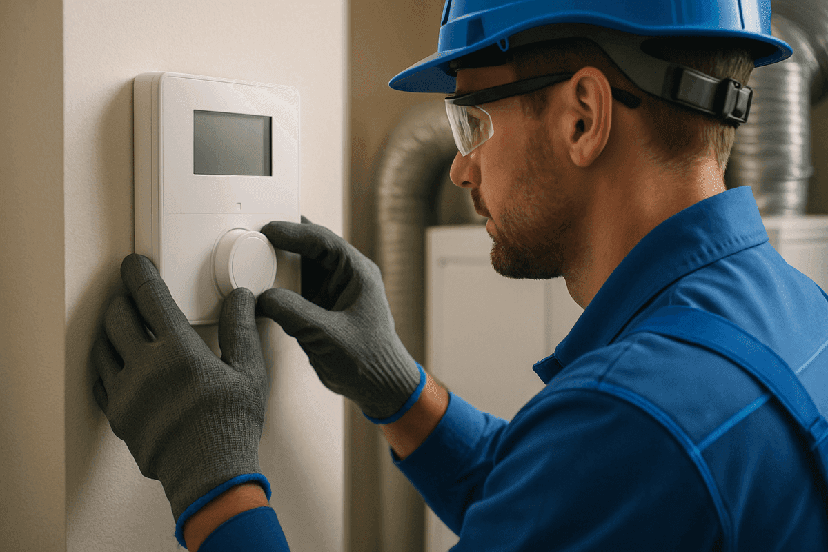 Close-up of gloved hands adjusting thermostat on modern HVAC unit indoors in Nelson Lagoon